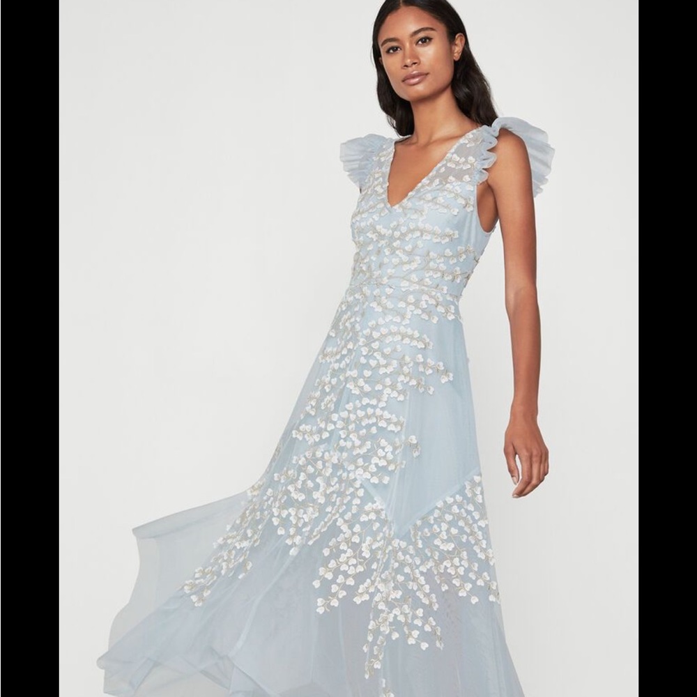 BCBG Max Azria Women's Blue Embroidered Tulle Ruffle Dress Size 12
